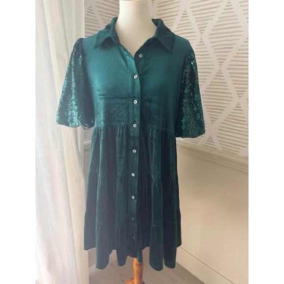 Entro Women’s Large Green Velvet & Sequin Tiered Ruffle Mini Dress - Picture 1 of 5